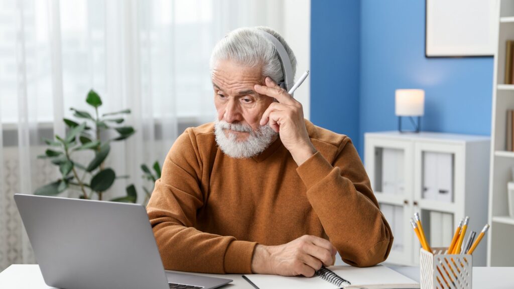 Retired man feeling isolated while sitting at a desk with a laptop.