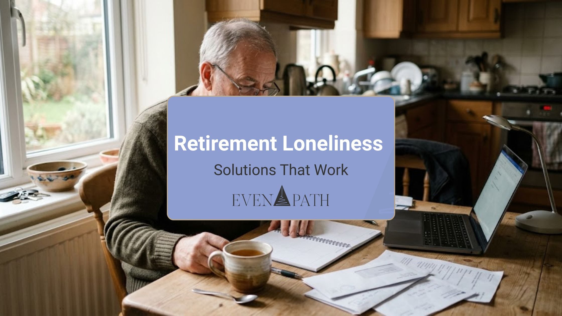 Retiree at a kitchen table with a laptop and paperwork, reflecting retirement loneliness and planning.