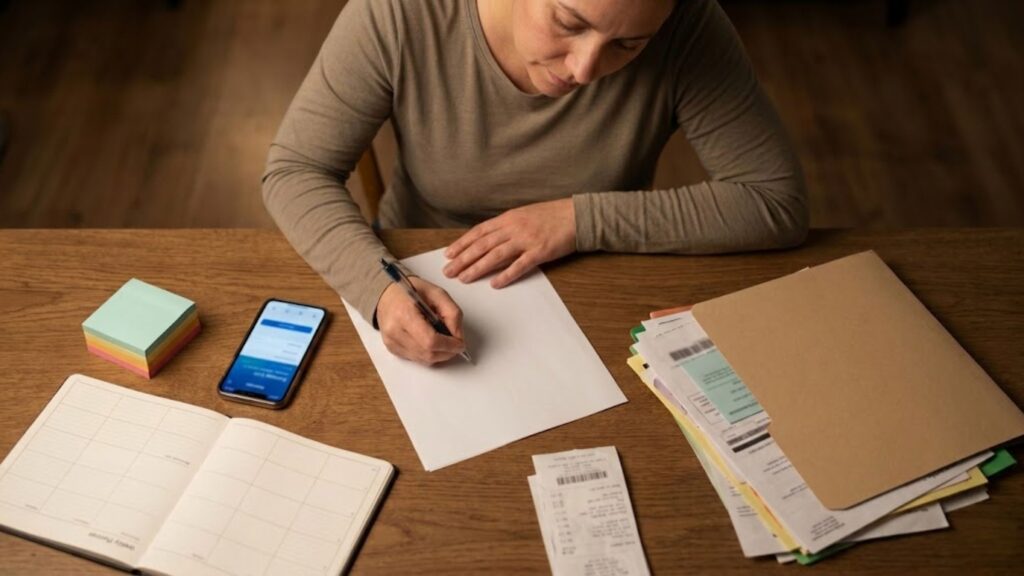 Overhead view of a woman writing a budget with receipts and a folder while rebuilding finances after divorce.