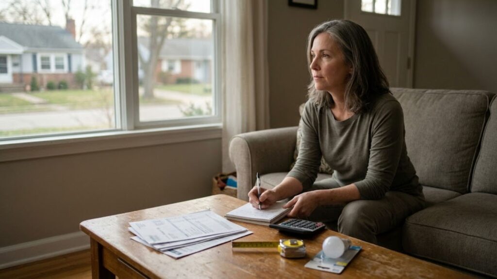 Woman with a notebook and calculator considering housing expenses while rebuilding finances after divorce.