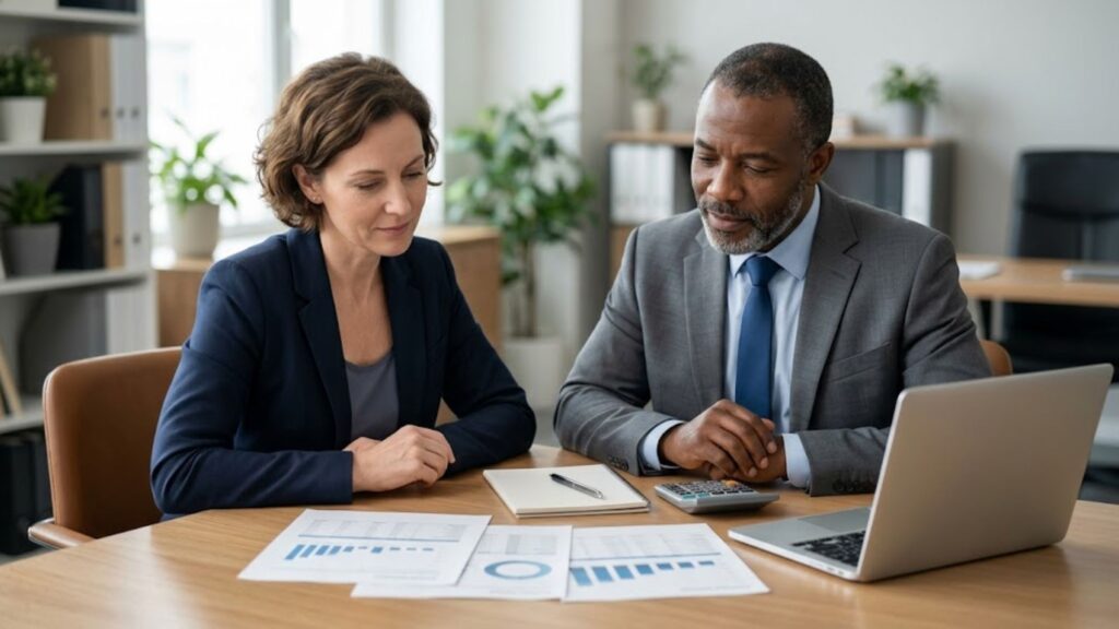 Client meeting with a financial advisor to review charts while rebuilding finances after divorce.