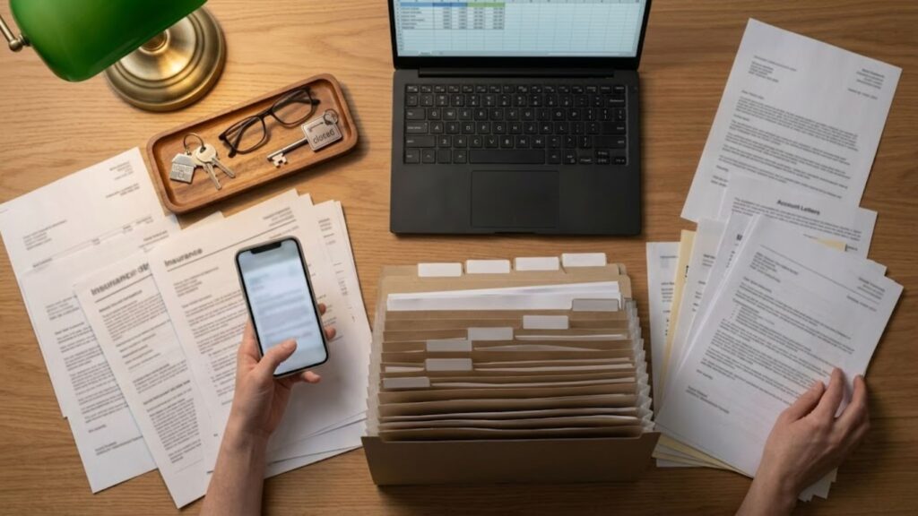 Top-down view of files, insurance papers, and a phone used to organize records for financial planning for aging parents.