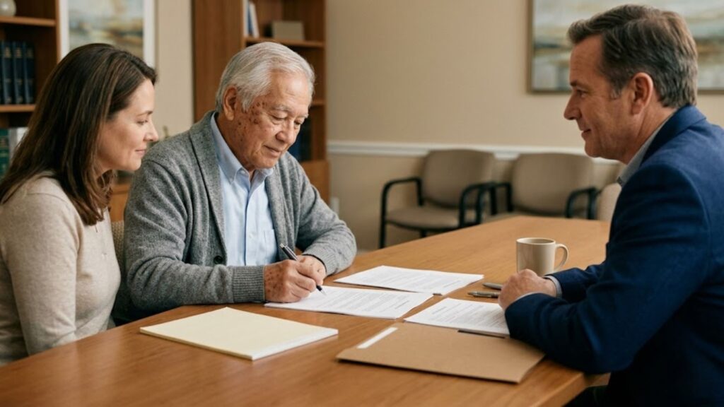 amily meeting with an older parent signing documents with an advisor as part of financial planning for aging parents.