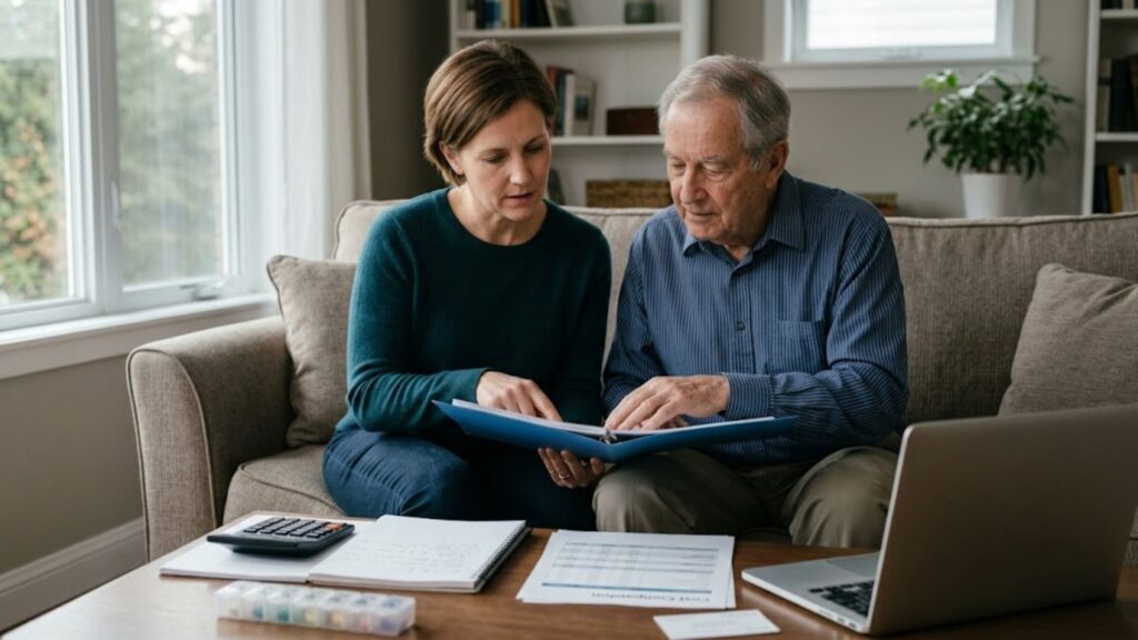 Adult child and older parent reviewing a binder and documents at home for financial planning for aging parents.