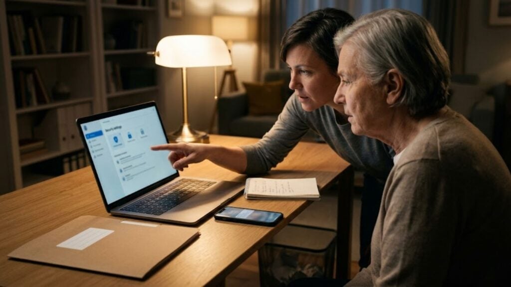 Adult child helping an older parent review account settings on a laptop during financial planning for aging parents.