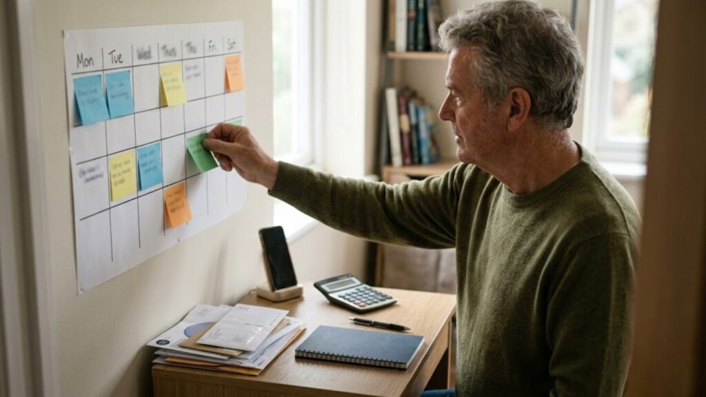 Retiree placing sticky notes on a weekly calendar to build a social routine and reduce retirement loneliness.