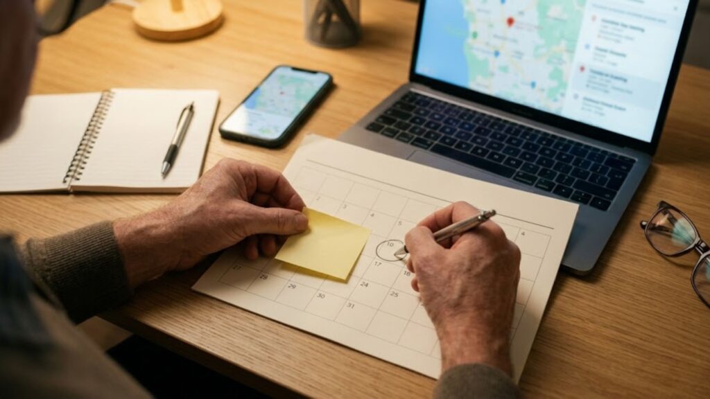 Hands marking a calendar beside a laptop map while scheduling activities to help with retirement loneliness.