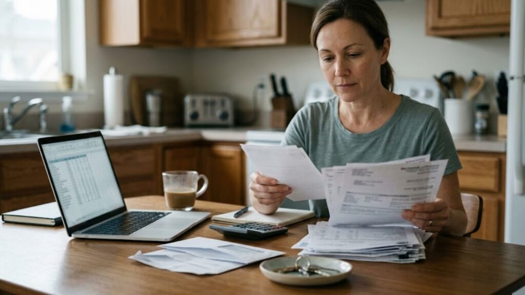 Woman reviewing bills with a laptop and calculator while rebuilding finances after divorce.