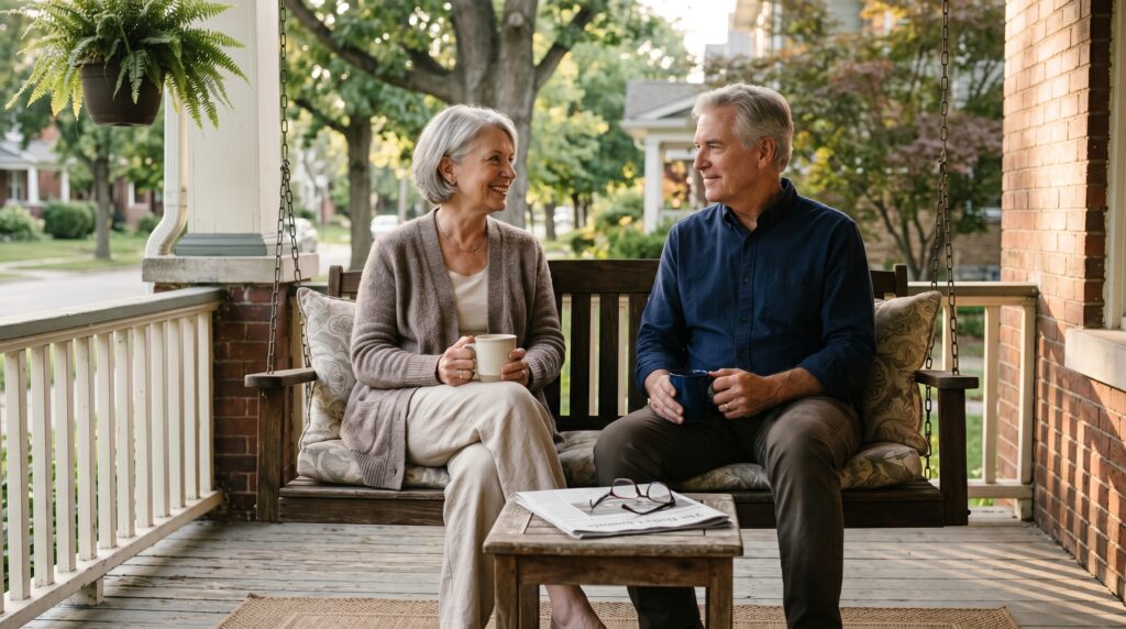 Older couple sitting on a sunlit front porch swing in calm conversation about retirement plans