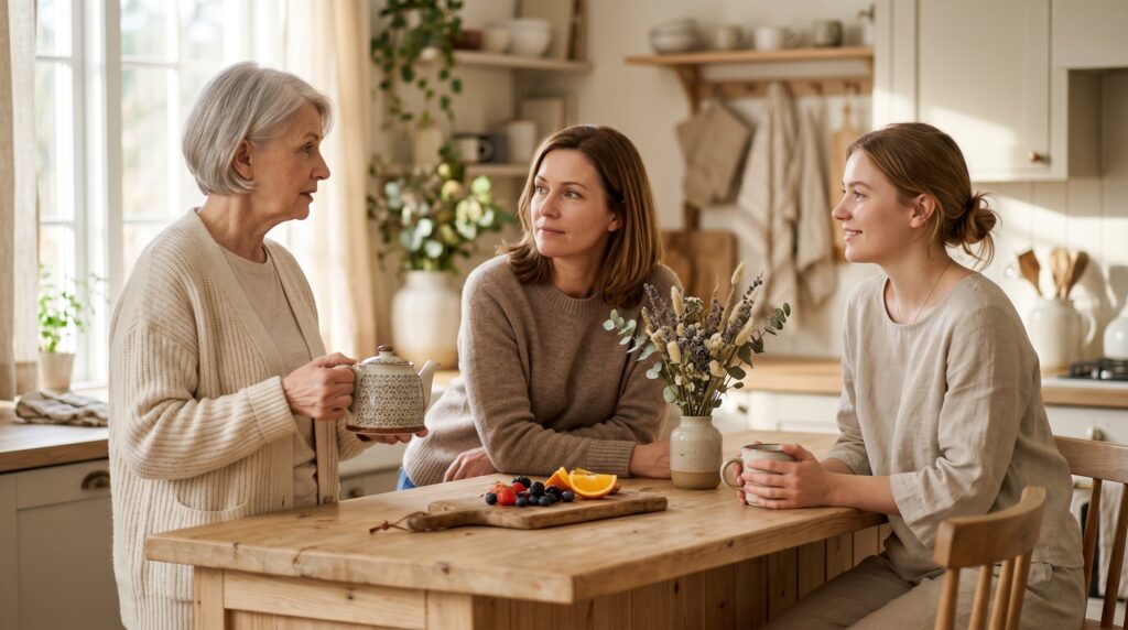 Three generations of women in a calm sunlit kitchen sharing tea and conversation about family decisions
