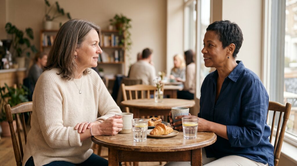 Two women friends in their late 50s in calm cafe conversation about life and decisions after divorce