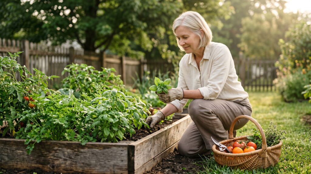 Woman in her early 60s tending a backyard vegetable and herb garden in calm morning light representing a new chapter