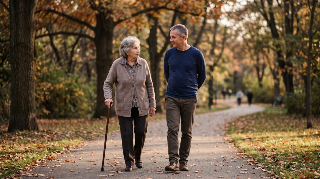 Elderly mother with a walking cane in calm conversation with her adult son on a tree-lined autumn park path
