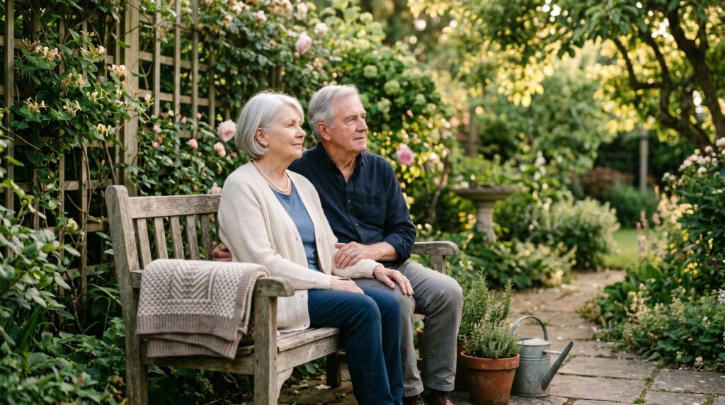 Photorealistic editorial lifestyle photograph of an elderly couple in their late 70s sitting together on a wooden bench in a small backyard garden in soft early evening light, the woman with short silver hair in a soft cream cardigan and the man with grey hair in a navy button-down sitting close together facing slightly inward, both looking out at the garden in calm shared silence rather than conversation, a small terracotta pot of herbs at their feet and a folded knit blanket draped over the bench arm, a wooden garden trellis with climbing vines softly out of focus in the background, soft warm directional sunlight filtering through trees from camera right casting dappled gentle shadows, a quiet birdbath visible in the soft-focus background, neutral cream and warm taupe palette with cool green plant tones, calm and companionable mood showing the long quiet of a long marriage. Photorealistic editorial lifestyle photography, shot on full-frame DSLR with a 35mm lens at f/3.5, natural color grading, no over-saturation, no painterly effects, sharp focus on the couple with the garden softening in the background, no exaggerated expressions, no fake smiles or laughter, no text overlays, no watermarks, no logos, no distorted features, no extra fingers or limbs. 16:9 aspect ratio.