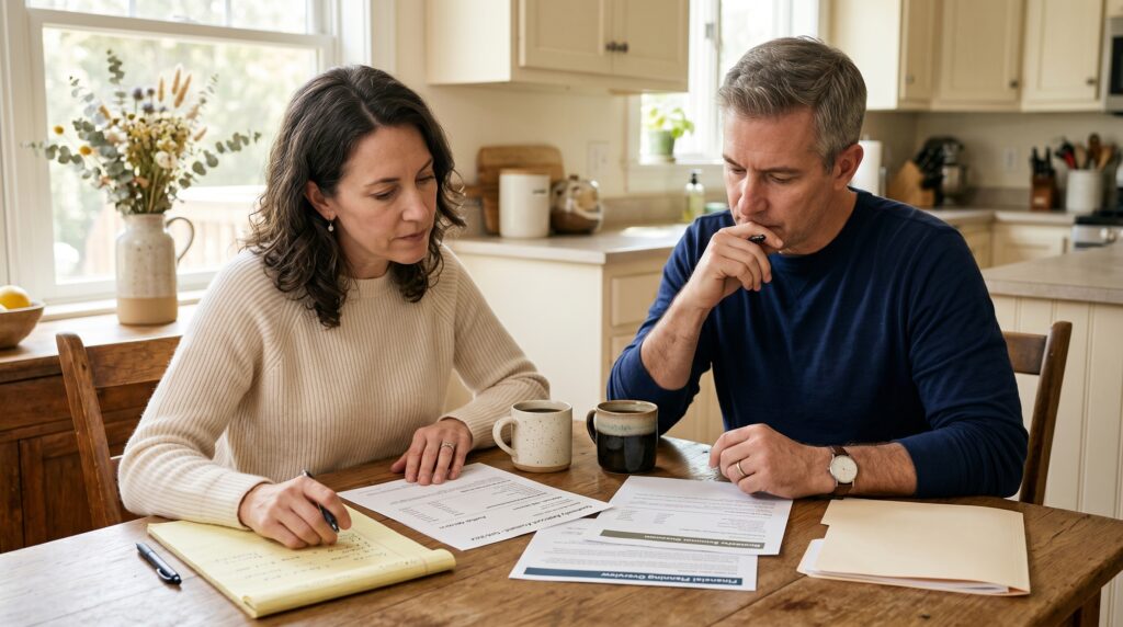 Couple in their late 40s reviewing 401k division documents at a kitchen table during divorce financial planning