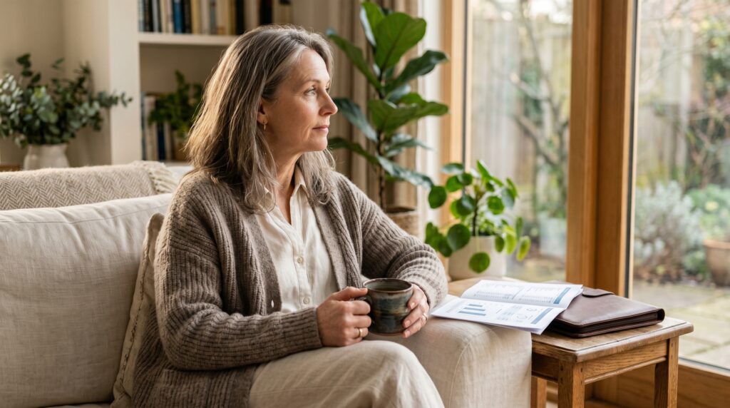 Adult daughter walking arm in arm with her elderly mother through an autumn neighborhood in calm conversation about a difficult financial decision