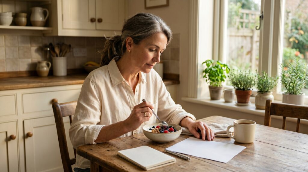 Woman in her early 50s eating breakfast and reviewing notes at a sunlit kitchen table after a divorce settlement