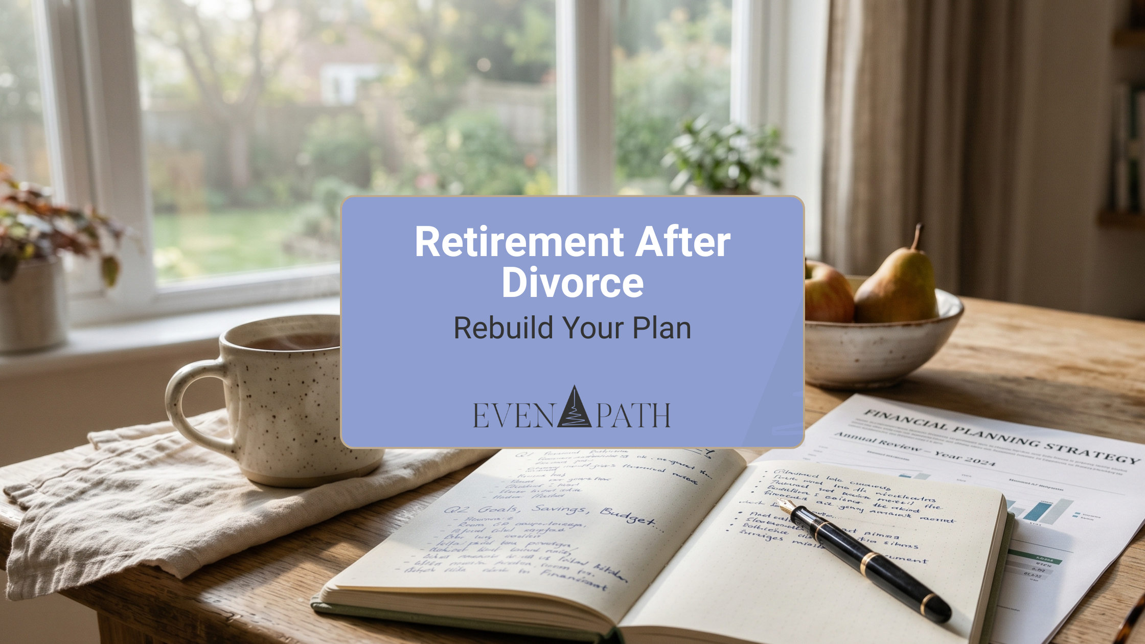 Retirement after divorce planning notebook and coffee on a sunlit kitchen table