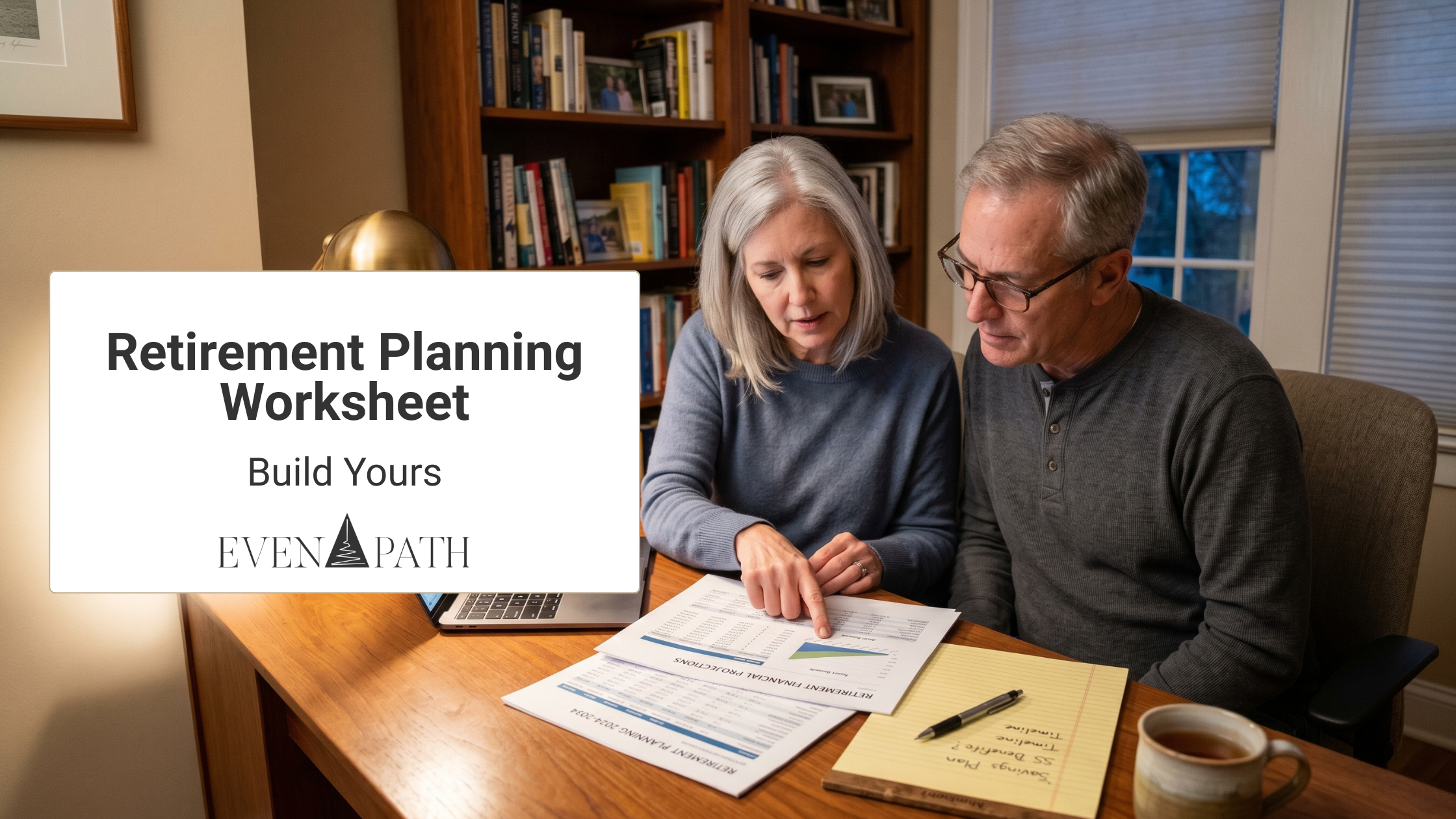 Couple in their early 60s building a retirement planning worksheet together at a home office desk