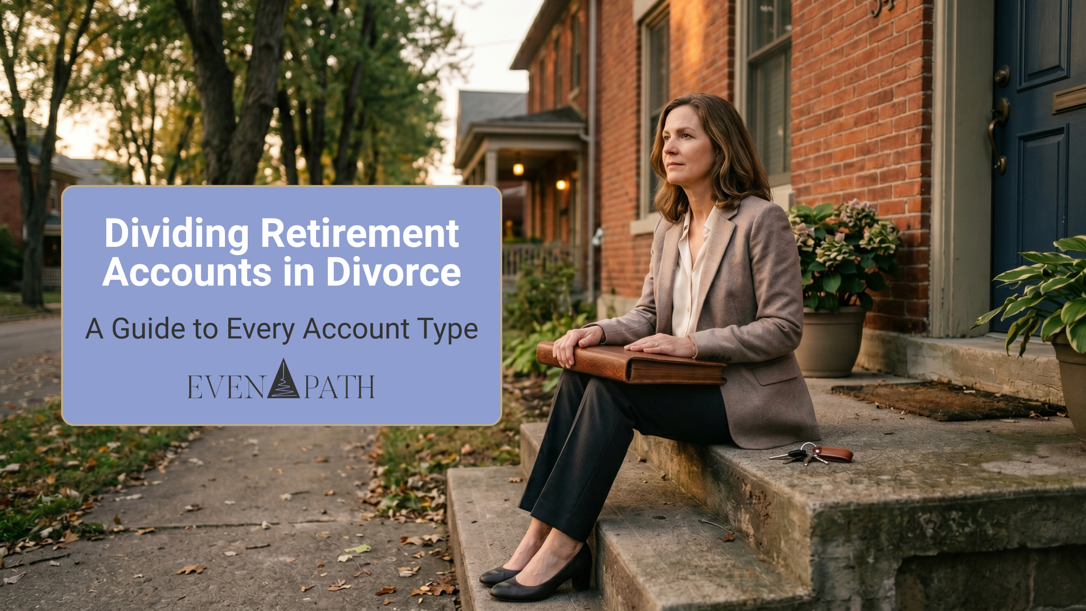Woman in her early 50s sitting on her front steps in soft morning light before a divorce financial planning meeting