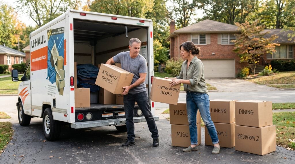 Divorcing couple in their mid 50s calmly loading labeled moving boxes into a rental truck on their driveway