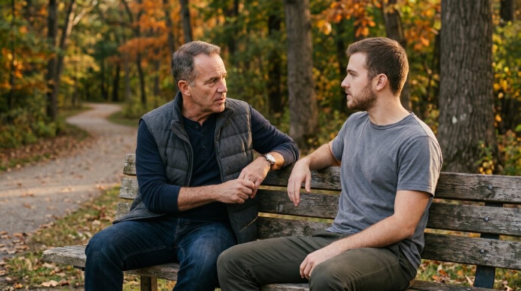 Father in his late 50s on a park bench with his adult son in calm honest conversation about a difficult financial decision