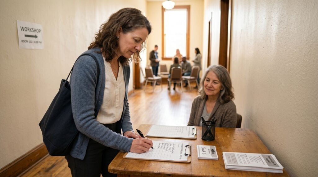 Woman in her early 50s signing in at a community workshop check-in table while seeking guidance through a difficult life chapter