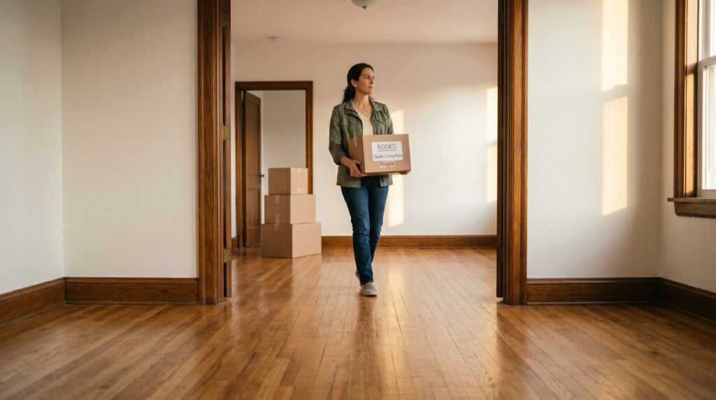 Woman in her late 40s carrying a moving box through her empty new apartment at the start of a new chapter after divorce