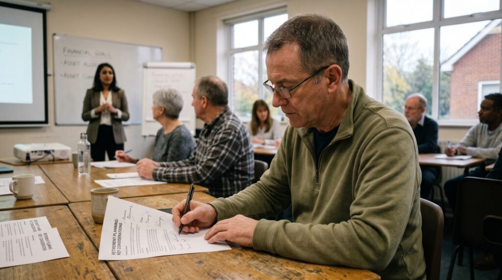Man in his early 60s taking notes at a retirement planning seminar in an adult education classroom