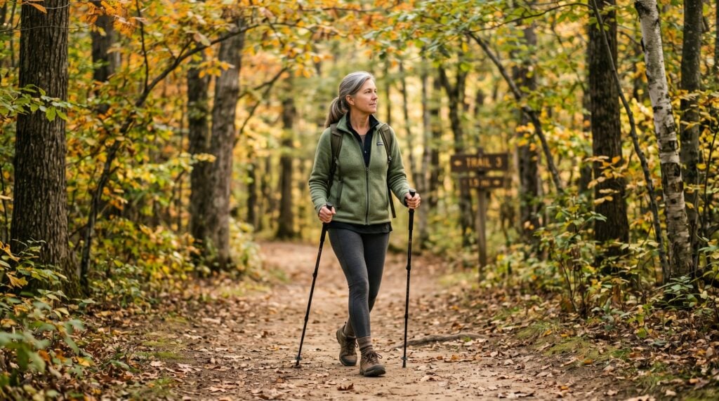 Woman in her late 50s hiking on a wooded autumn trail, representing the active retirement her planning supports
