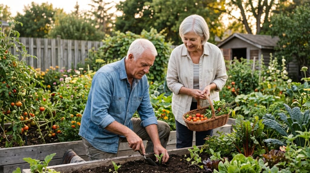 Couple in their late 60s tending a backyard vegetable garden together in golden hour light