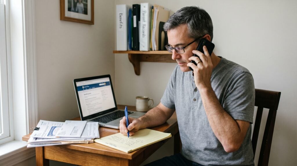 Adult son on the phone navigating benefit applications for his low-income elderly parent