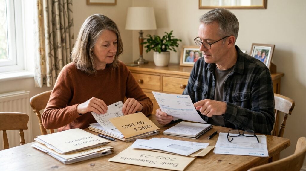 Two adult siblings sorting through their elderly parent's financial documents together at a table