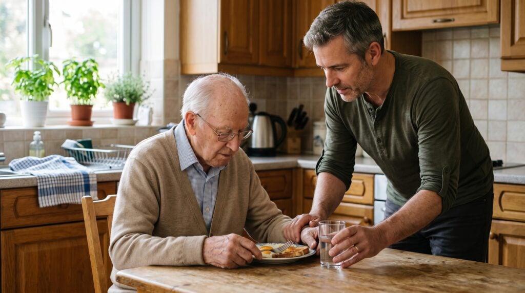 Adult son helping his elderly father with a meal in a modest kitchen, the kind of care Medicaid can pay for