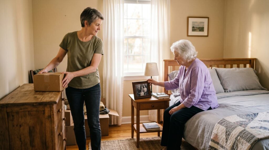 Adult daughter helping her elderly mother settle into a spare bedroom in the family home