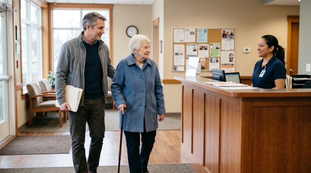 Adult son and his elderly mother arriving at a community senior services center for help