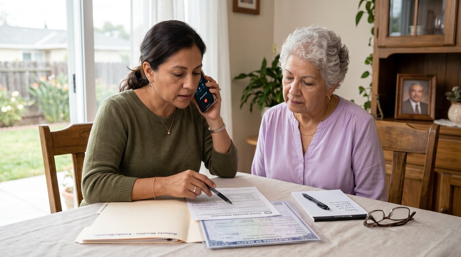 Working Through the Paperwork Together Adult daughter helping her widowed mother complete Social Security survivor benefit paperwork