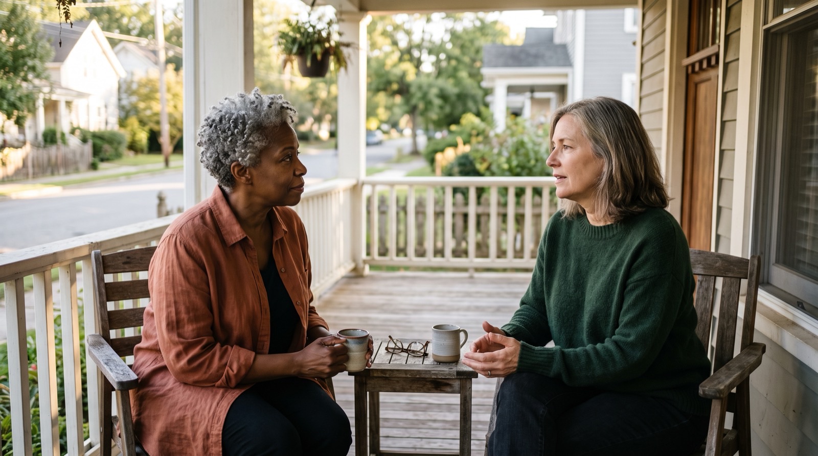 Two women friends in their 60s in honest conversation on a porch during a later-life divorce