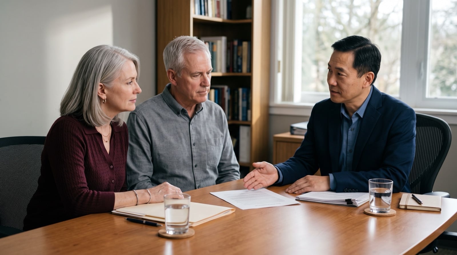 Separating couple in their 60s working with a divorce mediator at a table
