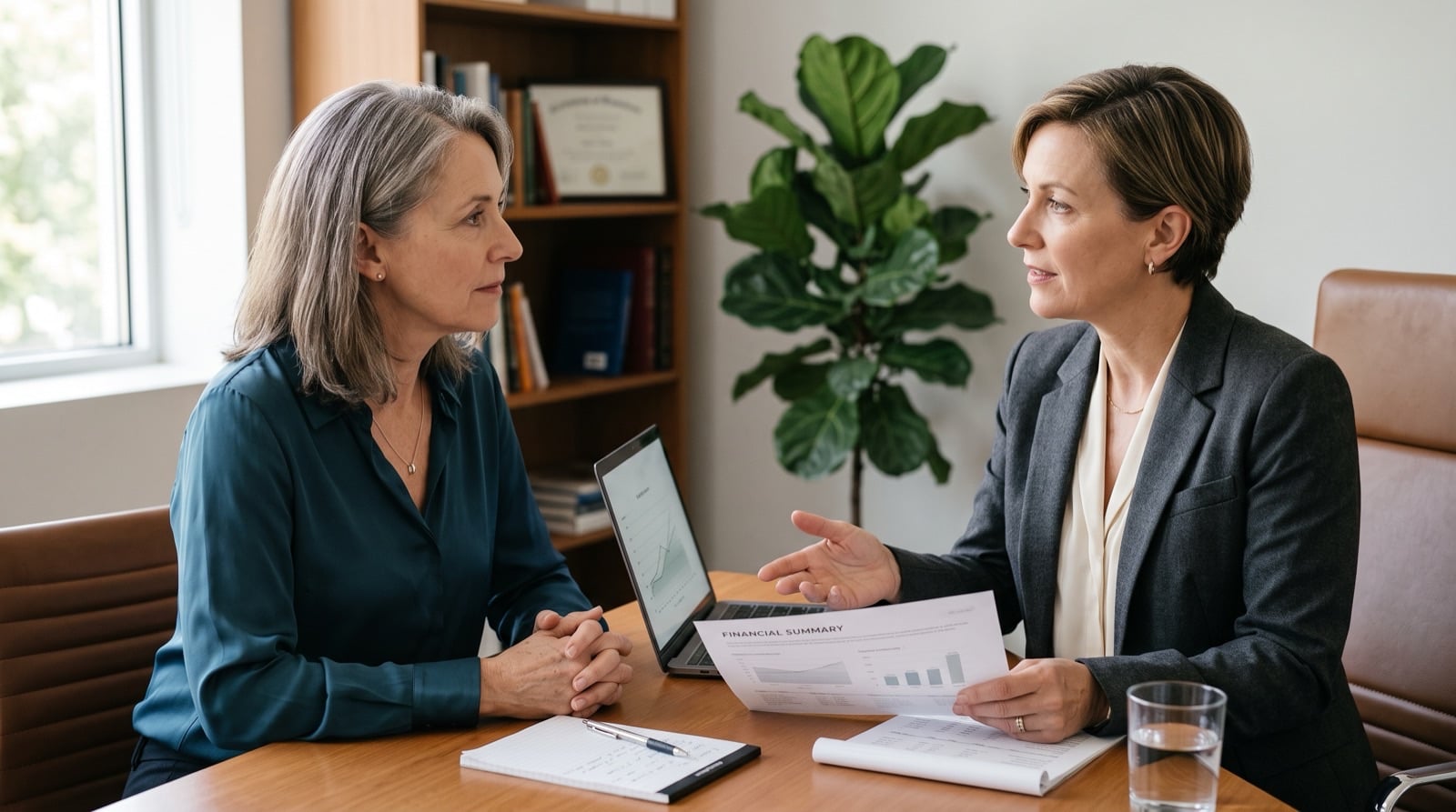 Woman in her late 50s meeting with a fiduciary financial advisor to plan a gray divorce