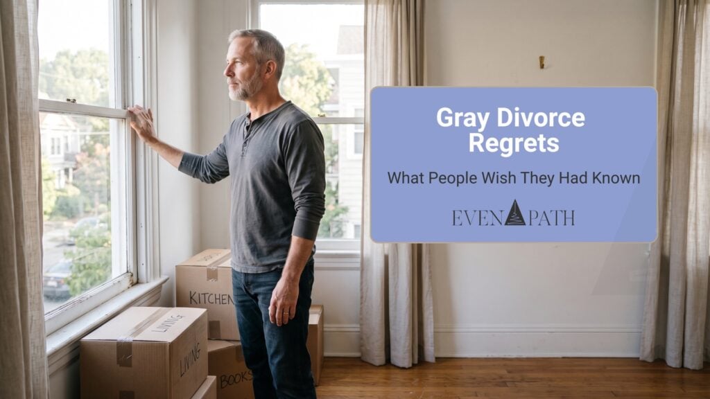 Man in his early 60s standing reflectively at a window in a new apartment after a gray divorce