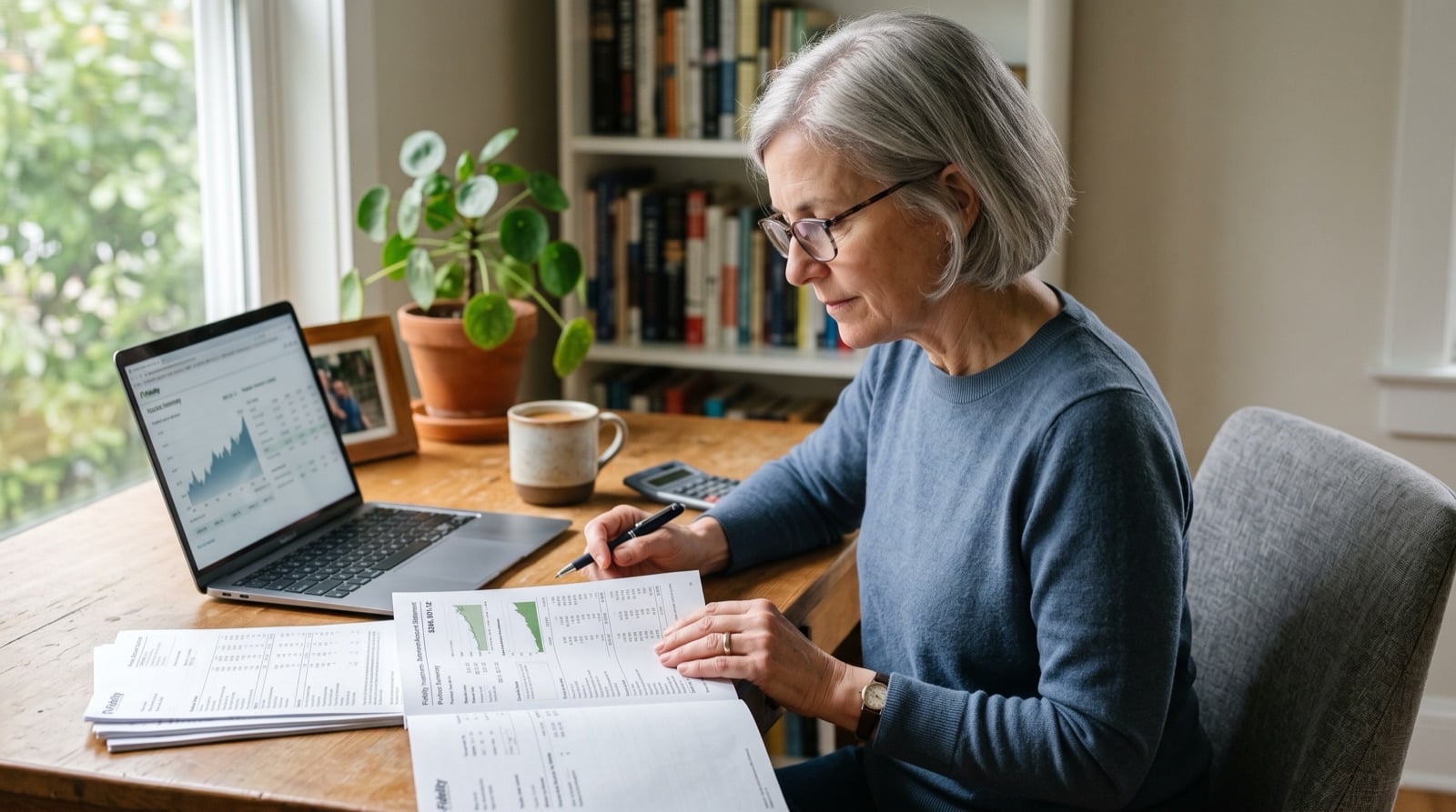 Woman in her early 60s reviewing retirement account statements alone at a home desk