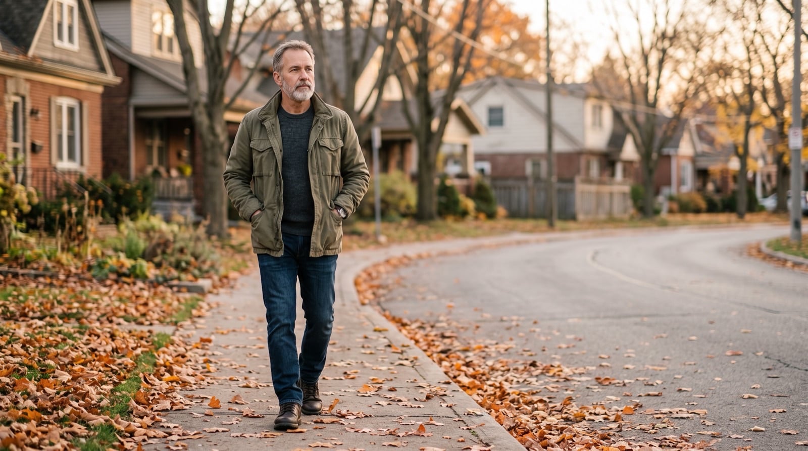 Man in his early 60s walking alone on a tree-lined street, thinking through a later-life divorce