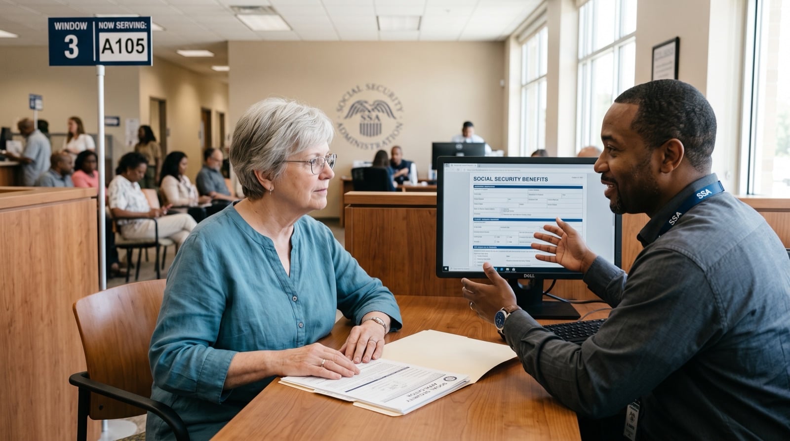 Applying in Person Widow meeting with a Social Security representative at a local office to apply for survivor benefits
