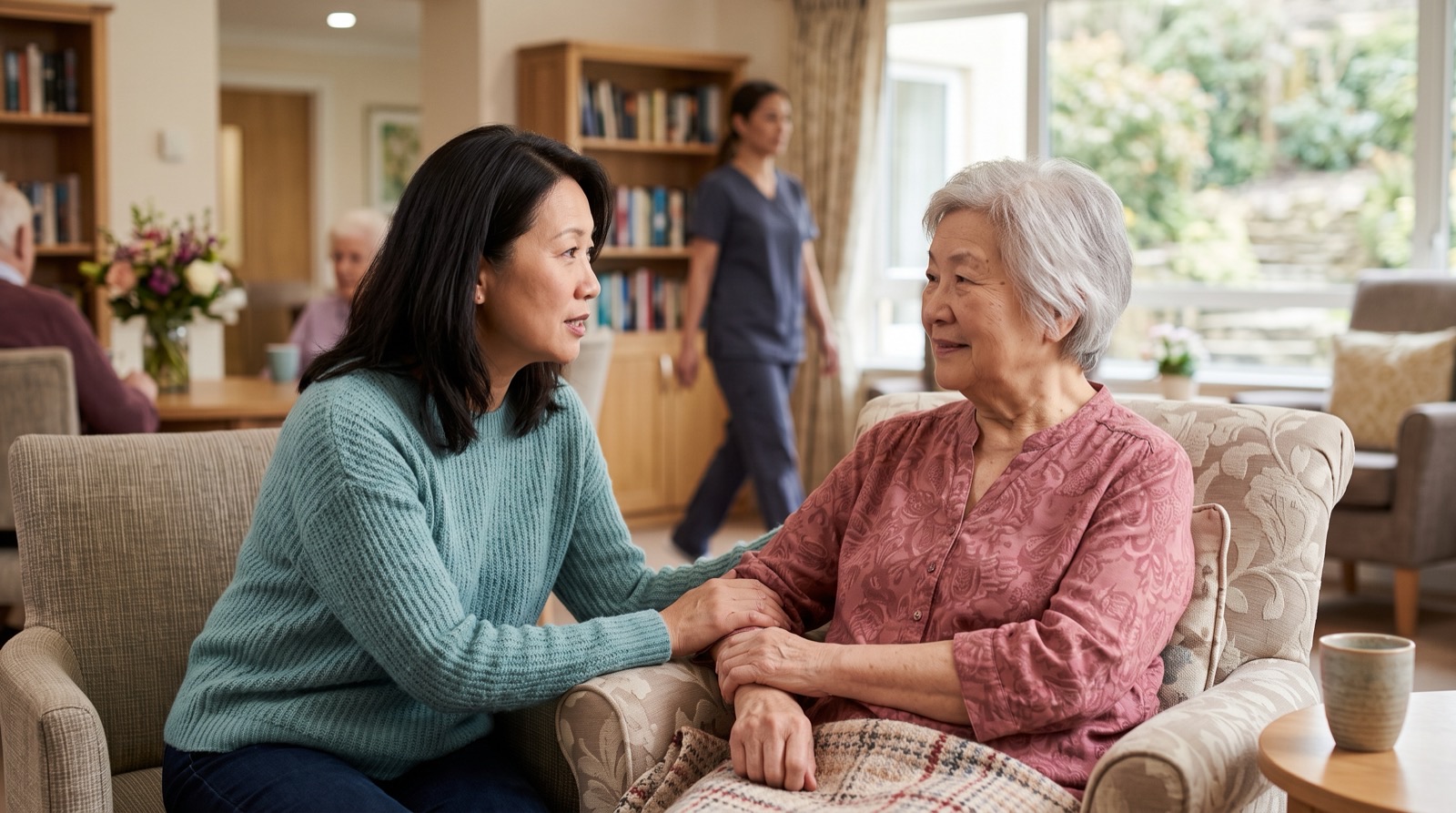 Adult daughter and elderly mother together in an assisted living common room