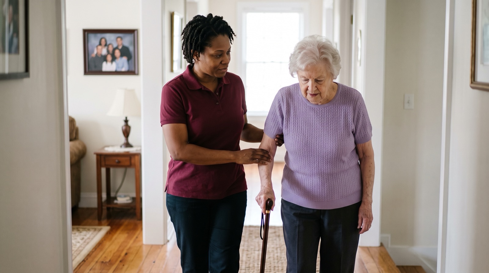 Home care aide steadying an elderly woman as she walks at home, the daily care Medicare does not cover