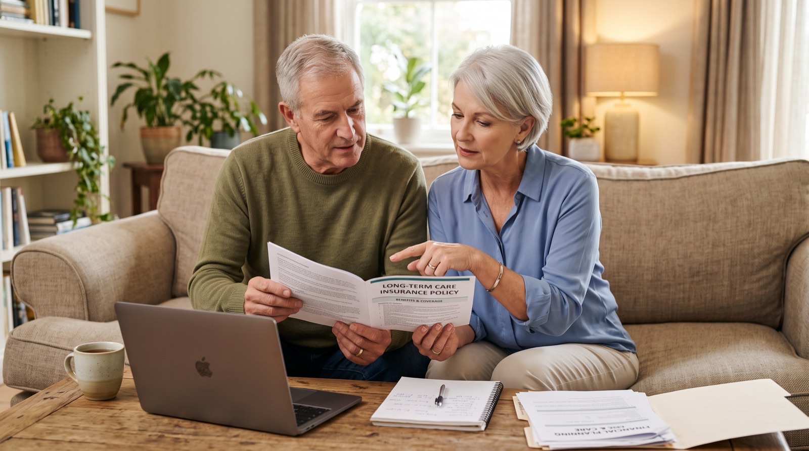 Older couple reviewing a long term care insurance policy together at home