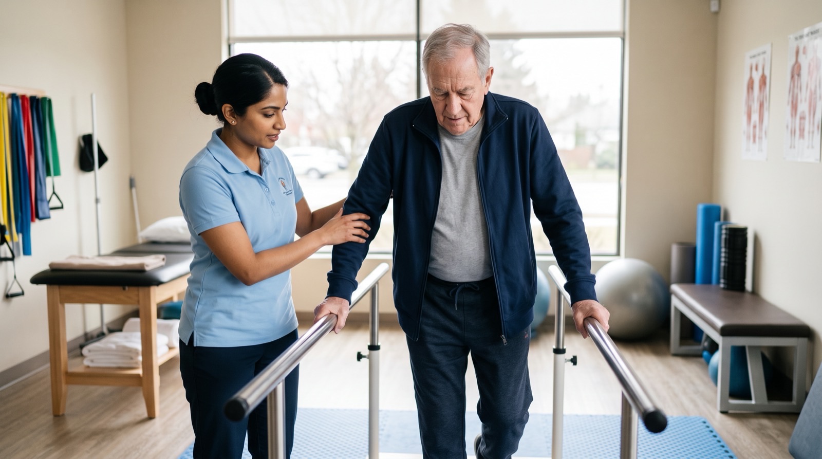 Older man in physical therapy with a therapist, the short-term skilled care Medicare covers