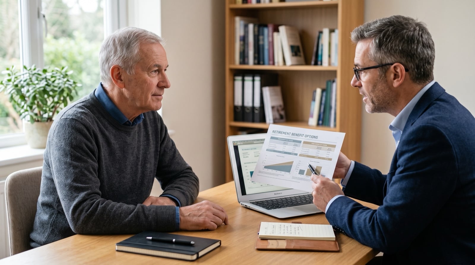 Choosing the Right Claiming Strategy Widower in his late 60s reviewing survivor benefit claiming options with a financial advisor
