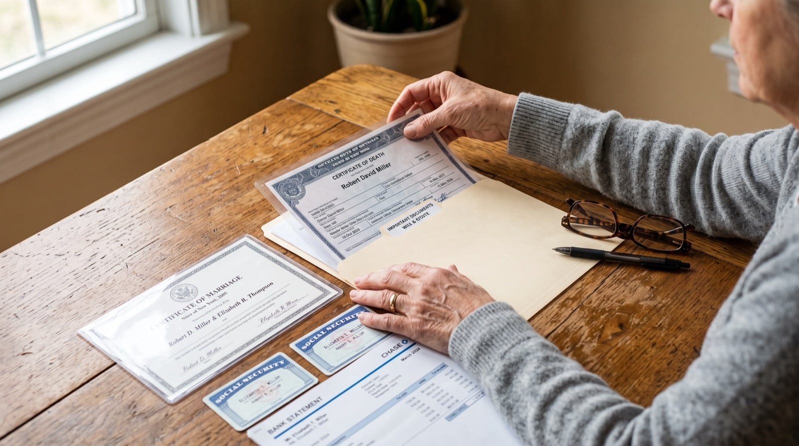 Preparing the Documents Older woman's hands organizing a death certificate and records into a folder for a survivor benefits claim